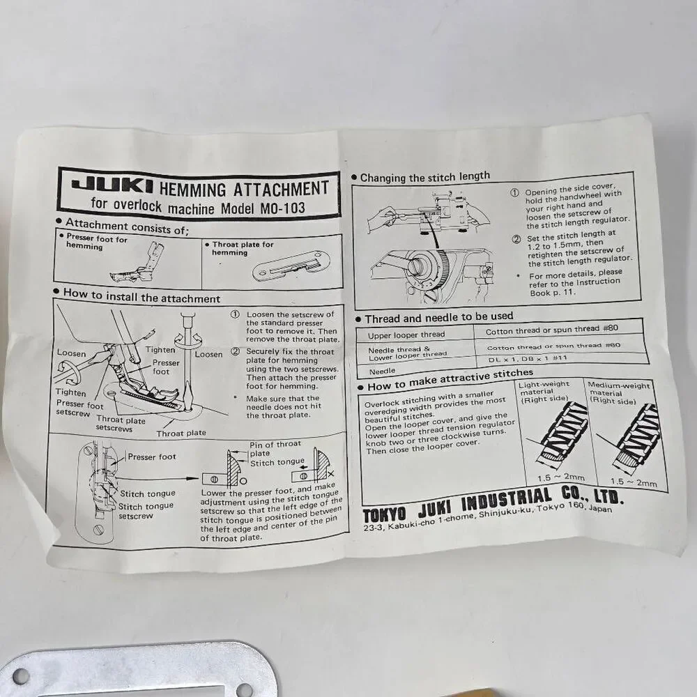 JUKI HEMMING ATTACHMENT SET PRESSER FOOT & THROAT FOR MO-103 SERGER LOCK W/ CASE